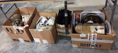 Four boxes of assorted ceramics, ornaments, collectables and a great deal of Hornby Railway track