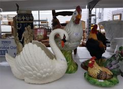 Large ceramic cockerel, a Dartmouth Devon ceramic vase modelled as a swan, a large oversized stein