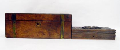 Victorian burr walnut writing slope with brass banding (lacking interior and damaged) and a carved