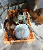 Vintage tools including a sickle, a metal wooden-handled feed bowl, watering can, etc (1 box)