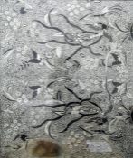 Old Batik black and white fabric panel with decoration of exotic birds and butterflies, on an