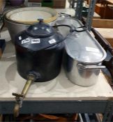 1.5-2.5l cast iron kettle with hook on handle and a brass fitted tap, a fish kettle, a large metal