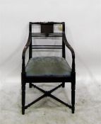 Carver's inlaid mahogany framed open armchair with horizontal splats and turned cross-stretchers