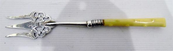 Victorian silver fish fork with engraved decoration and ivory handle, Birmingham, maker's mark 'WE&