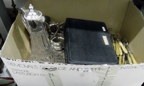 Box of assorted plated ware to include tankard, gl