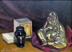 E Lawson(?) Oil on board Figure of a woman cutting