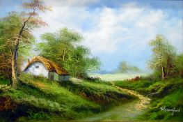 R Danford Two oils on canvas Thatched cottage abov