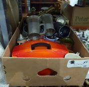 Various pewter tankards, a Le Creuset casserole an