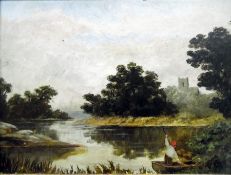 19th Century School Oils on board  River with cast
