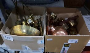 Quantity of assorted brass and copperware including hot water jug, clock and barometer, candlestick