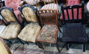 Stained beech open arm elbow chair with gros point