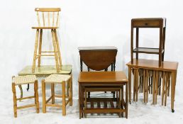 Two string seated stools, an oak gateleg side tabl