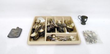 Silver plate hip flask, cup and a quantity of cutl