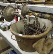 Large metal bowl, a pair of metal wall sconces and