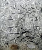 Old Batik black and white fabric panel with decora