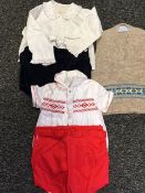 Blue velvet rompers with white frilled blouse, knitted Fair Isle style tank top both labelled The