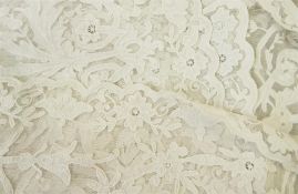 Three vintage lace curtains in ecru/cream embroidered net ground with cut work embroidery, linen and