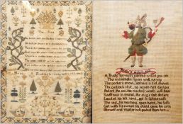 Sampler, date hard to read, worked by Harriott Franklin aged 8(?) 18(?), there wear and some loss