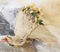 1920's gauze veil, natural colour with waxed fruit and flowers head headdress (damaged) and a