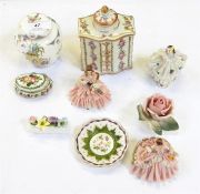 Sevres miniature saucer painted with roses, similarly decorated covered trinket box, three Dresden