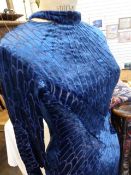 1930's blue cut velvet evening gown, cut on the bias, v-neck back, matching tie belt, sleeves