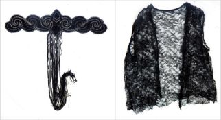 1920's beaded and embroidered belt/dress attachment, stitched in circles with long beaded detail (