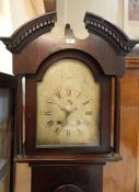 George III inlaid mahogany longcase clock with broken arched pediment, dentil cornice, the steel