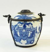 Chinese porcelain and bronze mounted oil lamp of shouldered oval shape and painted in underglaze