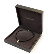 Georg Jensen silver tab pendant, rectangular and tapering, No.423, on woven leather collarette,