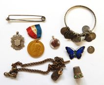 Silver and enamel butterfly brooch, silver medallion fob and other jewellery items