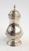 George II silver pepperette with baluster turned finial over the pierced dome cover, baluster shaped