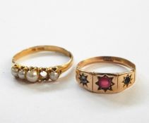 Gold and pearl ring set four stones (one missing), 15ct gold ring set red stone and one white