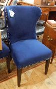 Pair of modern navy velvet wing side chairs with silver-coloured stud borders and silver-coloured