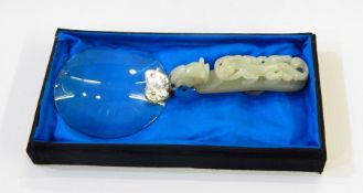 Chinese silver-mounted carved pale celadon jade handled magnifying glass, the belt hook handle