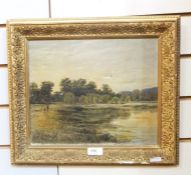 V Archer(?) Oil on canvas  Lakeside scene, elderly gentleman with a child and dog, indistinctly