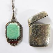 Sterling silver green stone pendant of hexagonal form, inset marcasite and cornelian rectangular