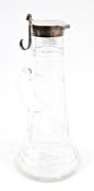 Early 20th century glass claret jug with silver lid, rim and lip, marked Birmingham 1912, Hukin &