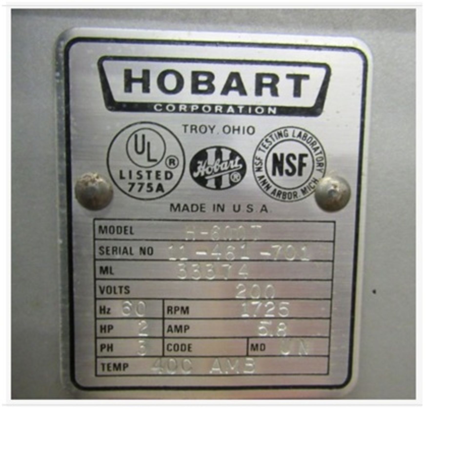 Hobart H-600T Mixer. Mixer, approx. 60qt bowel, 200v, 3ph. SN# 11-481-701. Asset# WP8414. Asset - Image 3 of 3