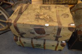 Two Green Canvas & Leather Bound Travel Trunks