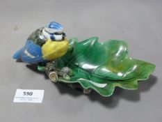 Victorian Minton Majolica Blue Tit on Leaf Dish