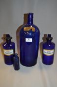 Three Bristol Blue Glass Chemist Bottles and a Poi