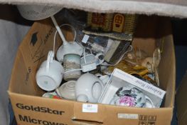 Box Containing Table Lamp, Basket Ware, Teapots, O