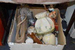 Large Box Containing Pewter Mugs, Pottery Ornament