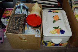 Box Containing Teapots, Jugs, Bred Bin, etc.