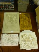 Four Embossed Plaster Wall Plaques and a Cheese Bo