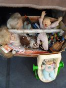 Box Containing Porcelain and Plastic Dolls, Rag Do