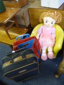 Child's Yellow Leather Tub Chair, Rag Doll and Two