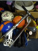 Box Containing Badminton Rackets, Footballs and a