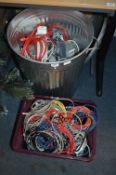 Trash Can and Box Containing Assorted Cables