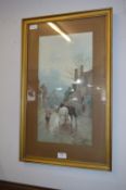 Gilt Framed Watercolour - Village Street Scene Sig